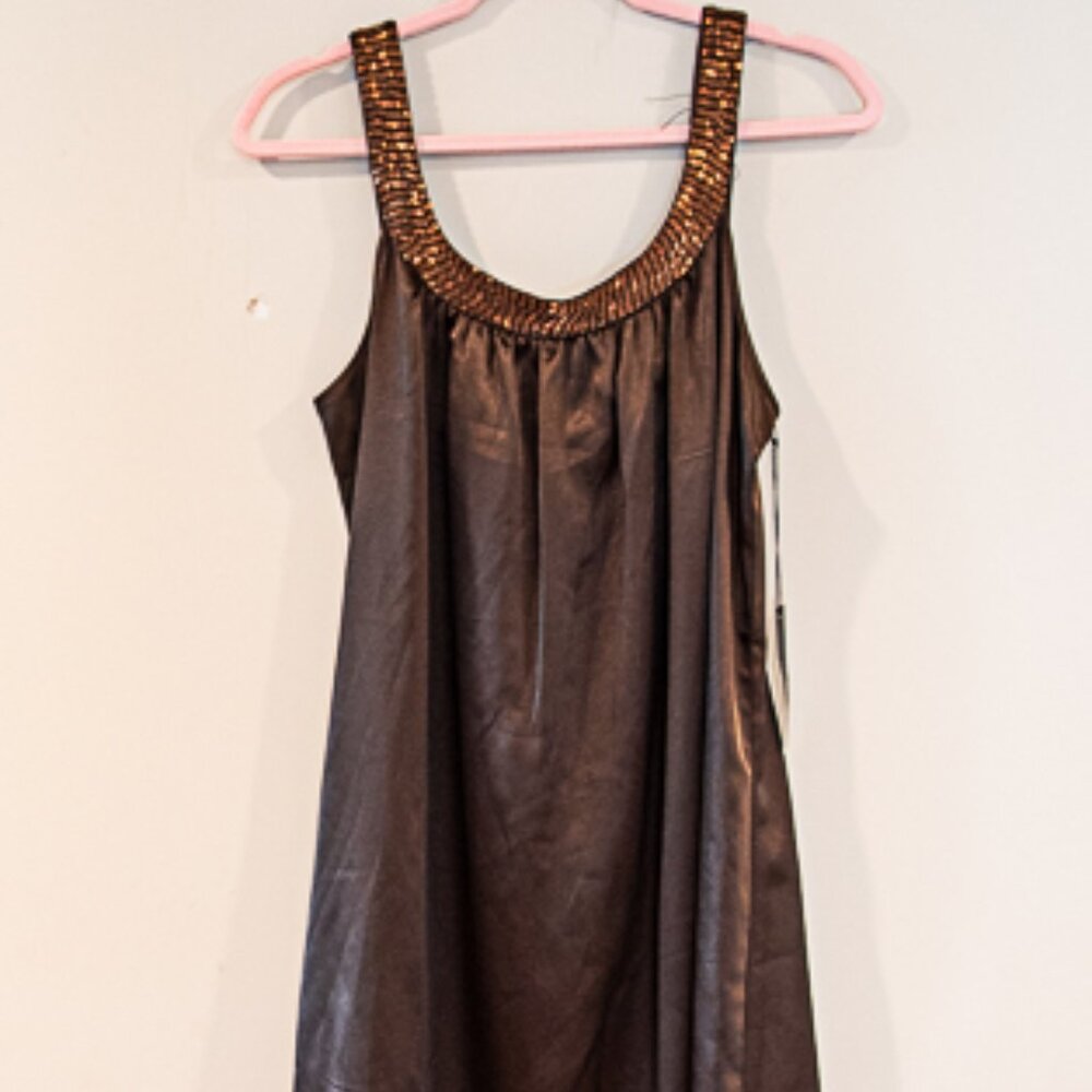 BCBG Maxazria Brown satin beaded sheath Dress  Large